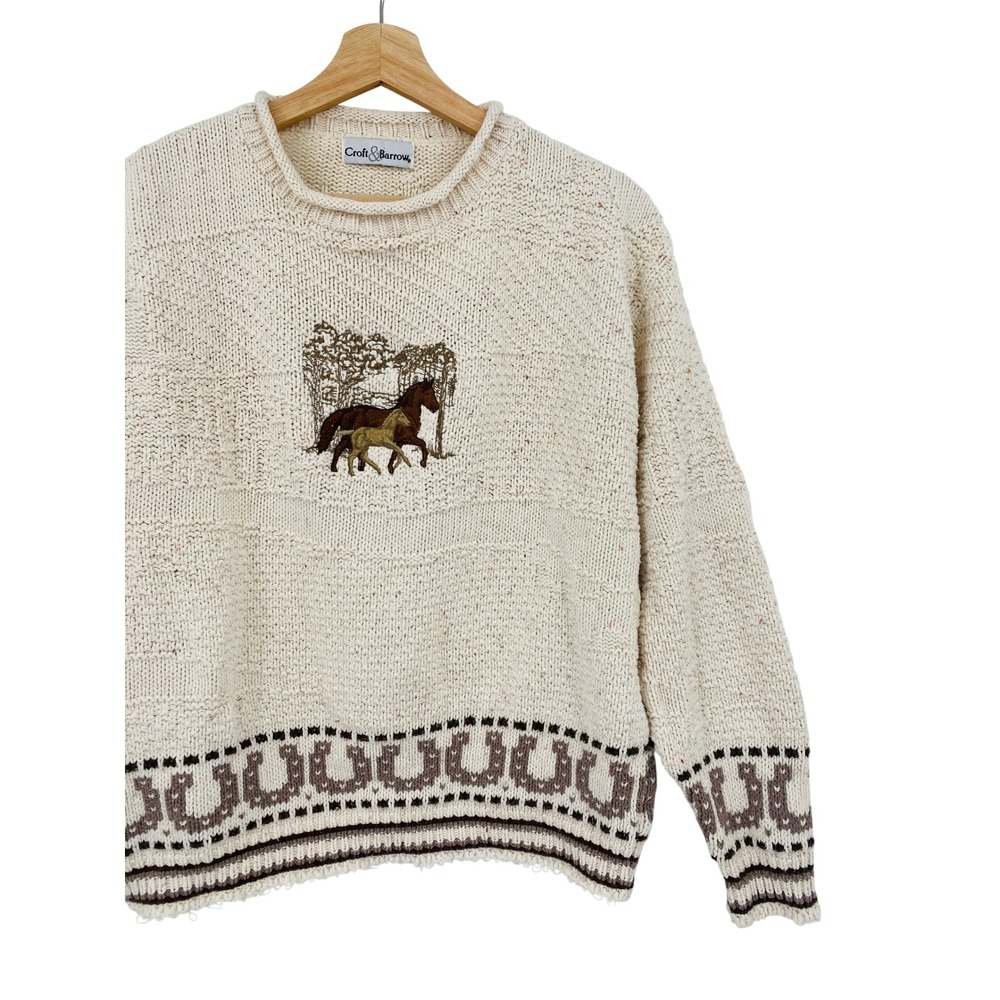 Vintage Horse Sweater Womens Cream Horseshoe Knit Vintage